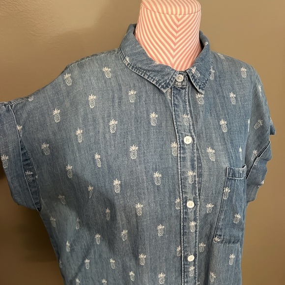 Rails Chambray blue pineapple short sleeve button up down lyocell linen - M - Picture 2 of 7